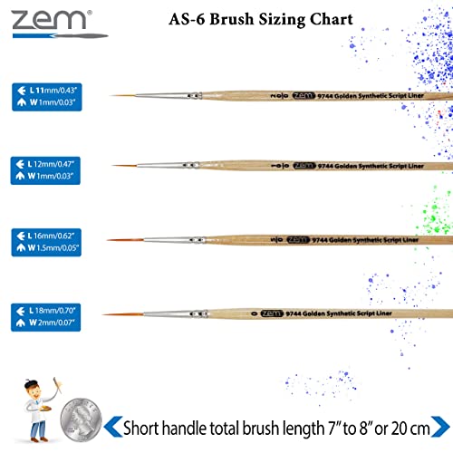 ZEM Brush Golden Synthetic Long Script Liners Artist Paint Brushes Sizes 20/0, 10/0, 5/0, 0