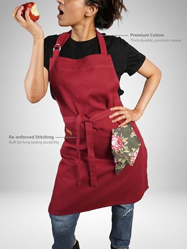 100% Cotton Kitchen Apron with 2 Pockets – Adjustable Chef Apron for Cooking Baking BBQ – Unisex Apron - color: Red, size: Standard