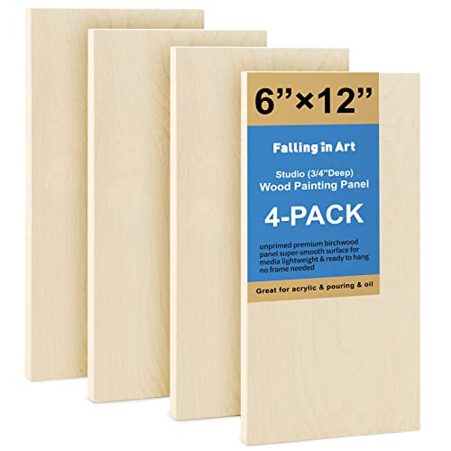 Falling in Art Unfinished Birch Wood Panels Kit for Painting, Wooden Canvas 4 Pack of 6x12’’ Studio 3/4’’ Deep, Cradle Boards for Pouring, Art, Crafts, Burning and More - size: 6'' x 12''