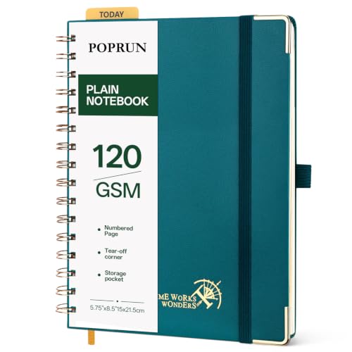 POPRUN Blank Spiral Journal Notebook, A5 Hardcover Sketch Books, 141 Pages Unlined Journals for Women Men, 120 GSM Plain Notebooks for Sketching, Drawing, Painting, 5.75'' x 8.25'', Pacific Green - color: Pacific Green, style: Minimalist