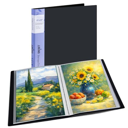 JJRING 9x12 Art Portfolio Folder with Plastic Sleeves, 24-Pocket Portfolio Binder Displaying 48 Pages, Presentation Book with Black Inner Paper for Artwork Storage, Black - size: 9*12
