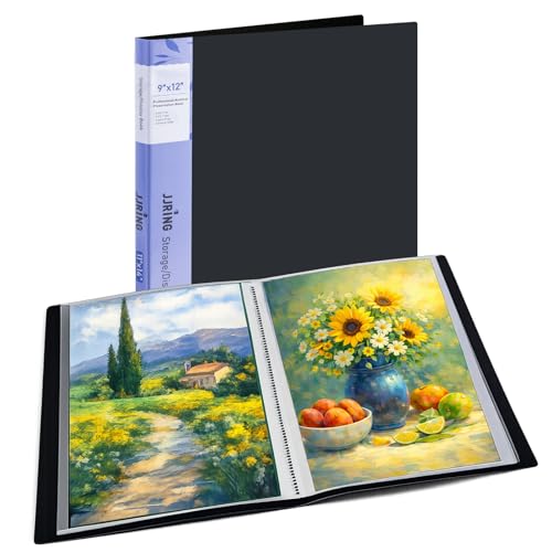 JJRING 9x12 Art Portfolio Folder with Plastic Sleeves, 24-Pocket Portfolio Binder Displaying 48 Pages, Presentation Book with Black Inner Paper for Artwork Storage, Black - size: 9*12