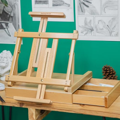 Falling in Art Studio Sketchbox Tabletop Easel, Adjustable Beechwood Easel for Painting, Portable Desktop Easel with Storage Drawer, Suitable for Beginners and Artists- Holds canvases up to 31" high