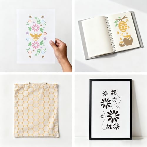 12 Sheets Bee Theam Stencils for Painting, 12 Styles Bees Beehive Honey Pot Flower Drawing Template Plastic Art Templates for Painting on Wall Wood Home Decor - style: Bee Theam