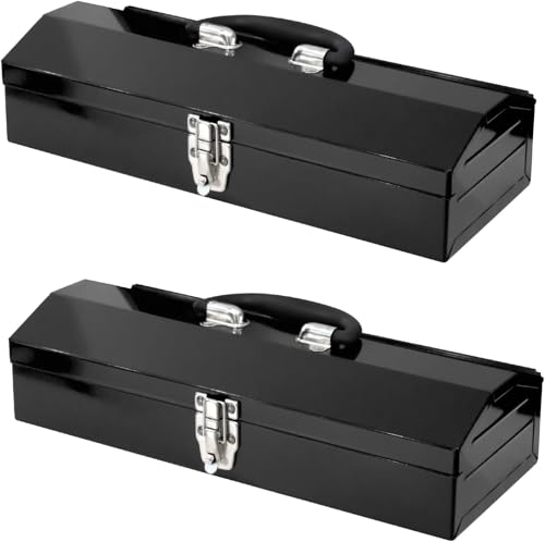 Portable Metal Tool Box, Steel Tool Storage Box with Handle, Hip Roof Style Tool Chest with Metal Latch Closure for Workshop, Garage, Home, 16"L x 6"W x 3.7"H, Black, 2-Pack - color: Black, size: 16"x2