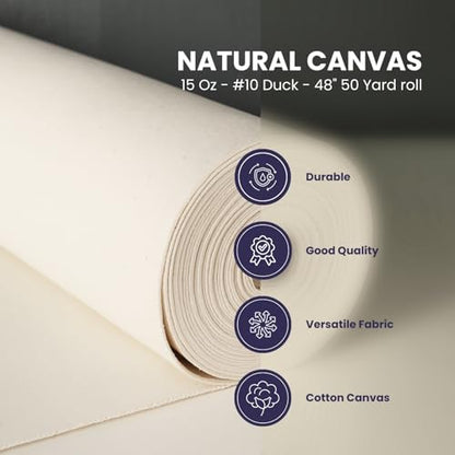 Natural Cotton Canvas 15 Oz (#10 Duck), 48 Width X 50 Yard Length roll Fabric for Artist Canvas, Aprons, Tote Bags and Teepees - size: Duck #10-48" -50