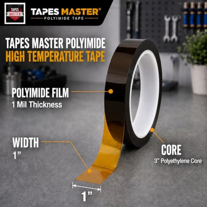 Tapes Master 1" x 36 Yds 1 Mil Kapton Tape - Polyimide High Temperature Heat Rresistant Tape with Silicone Adhesive - No Residue - color: 1" x 36 Yds, size: 1 Mil