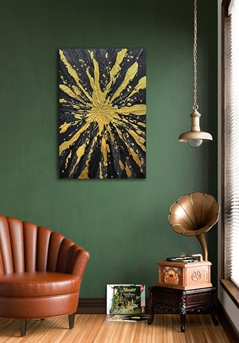 V-inspire Art Modern Abstract Canvas Wall Art, Black and Gold Starburst Design, Hand-Painted Oil Acrylic, 28x40 Inch