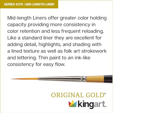 KINGART Original 9375 Series, Size 10/0 Golden Taklon Mid-Length Liner, Black/Gold