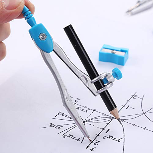 Unjoo Math Geometry Kit Sets 10 Piece Student Supplies with Shatterproof Storage Box,Includes Rulers,Protractor,Compass,Eraser,Pencil Sharpener,Lead Refills,Pencil,for Drafting and Drawings（Blue） - color: Blue