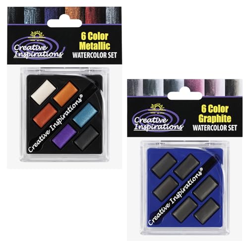 Creative Inspirations Professional Watercolor Paint Set 2 Pack - Compact Metallic and Graphite Half Pan Travel Sets of 6 with Mini Brush - color: Graphite and Metallic, size: 6 Count (Pack of 2)