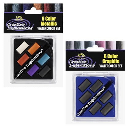 Creative Inspirations Professional Watercolor Paint Set 2 Pack - Compact Metallic and Graphite Half Pan Travel Sets of 6 with Mini Brush - color: Graphite and Metallic, size: 6 Count (Pack of 2)