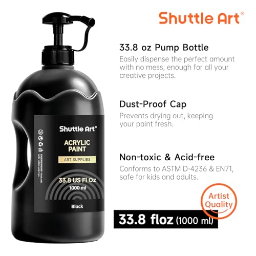 Shuttle Art Black Acrylic Paint, 33.8oz/1000ml Large Capacity Pump Bottle with Cover, High Coverage True Black, Fast Drying Non-Toxic Art Paint for Artists, Students, Kids & DIY Crafts - color: Black, size: 33.8 Fl Oz (Pack of 1)