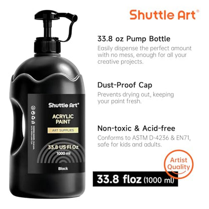 Shuttle Art Black Acrylic Paint, 33.8oz/1000ml Large Capacity Pump Bottle with Cover, High Coverage True Black, Fast Drying Non-Toxic Art Paint for Artists, Students, Kids & DIY Crafts - color: Black, size: 33.8 Fl Oz (Pack of 1)