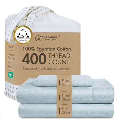 Threadmill Egyptian Cotton Twin XL Sheets Set | 100% Certified Egyptian Cotton Sheets | Damask Jacquard Deep Pocket | Soft 3 Pc Cooling Sheet Set | Light Blue - color: Light Blue Cadence, size: Twin XL