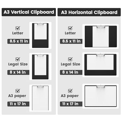 Extra Large 11x17 Clipboards, Landscape and Vertical Layout 2 Pack | Black Plastic Drawing Boards with Low Profile Clip. Suitable for Watercolor, Sketching, Painting. Art & Drafting Supply - color: Black