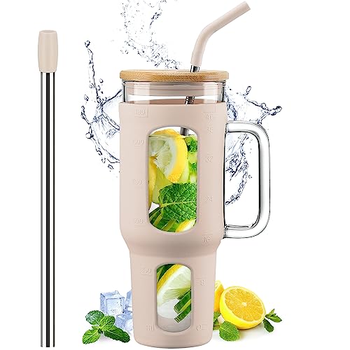 WINSA Glass Tumbler with Lid and Straw, 46 oz Iced Coffee Cup with Handle, Large Water Bottles with Silicone Sleeve, Glass Cup with Straws - Pearl Straw & Drinking Straw BPA Free-Amber - color: Amber, size: 46 Ounces