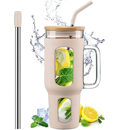 WINSA Glass Tumbler with Lid and Straw, 46 oz Iced Coffee Cup with Handle, Large Water Bottles with Silicone Sleeve, Glass Cup with Straws - Pearl Straw & Drinking Straw BPA Free-Amber - color: Amber, size: 46 Ounces