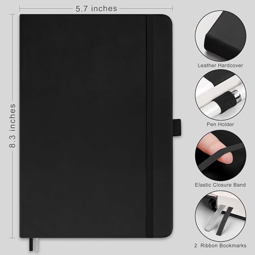 RETTACY Dotted Journal Notebook, 192 Pages, A5 Medium Size (5.7'' x 8.3''), Leather Hardcover, 100 GSM Thick Paper, for Journaling, Planning, Tracking (Black) - color: Black, style: Dotted