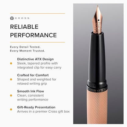 Cross ATX Refillable Fountain Presented in a Luxury Gift Box - Medium Point, Black Ink, Sandblasted Rose Gold