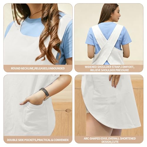 Shortened Design Apron, Japanese Style Soft Cotton Linen Apron with Two Side Pockets, X Cross Halter Aprons, Kitchen Cooking Clothes Gift for Women DIY Project, Crafting, Cooking, Baking(White) - color: White, style: 1# Style-rounded Edge