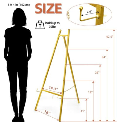 WRINGKIT Gold Easel Stand for Sign, Heavy Duty Metal Adjustable Display Stand with 4 Tier, 42.5'' Height Large Floor Standing Easel for Painting, Poster, Mirror, Art, Welcome Wedding Signs
