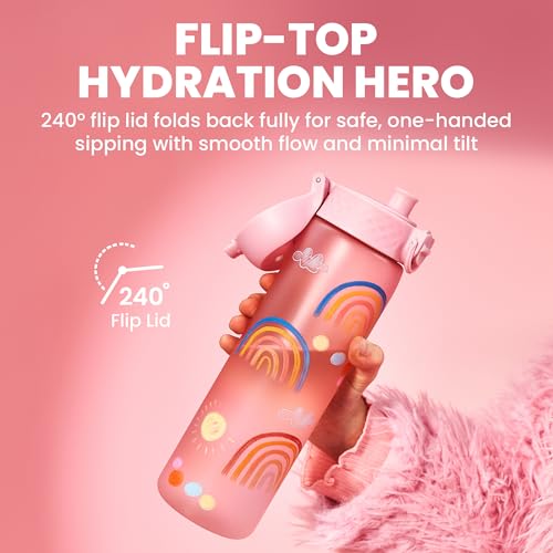 Ion8 Leak Proof Slim Water Bottle - 500ml/18oz, Pink Rainbow - BPA-Free Odor Resistant Recyclon Polymer with One-Touch Flip Lid, Carry Loop, No Straw - Dishwasher Safe, Cupholder/Backpack Friendly - color: Rainbows, size: 18oz / 500ml