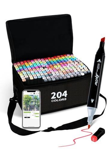 Brled 204 Colors Alcohol Markers with Free App, Chisel & Fine Tip Alcohol-Based Marker Set for Adults, Dual Tip Artist Markers for Drawing, Coloring Illustration, Painting and Great Gift Idea - color: 204 Colors