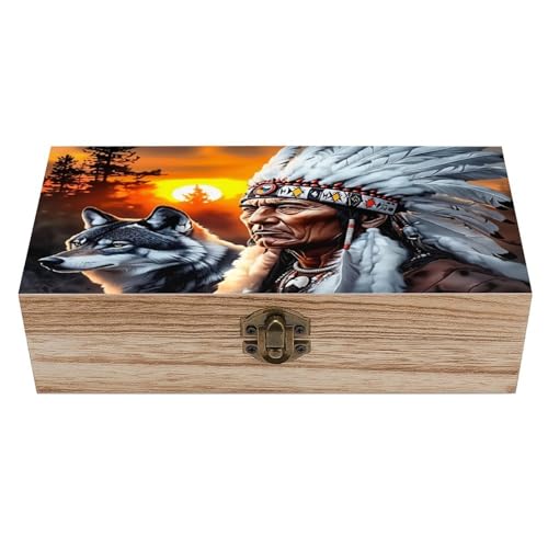 Native American Wolf Dreamcatcher Wooden Storage Box 7.9×3.9×2.3 Inch with Hinged Lid - Vintage Natural Wood Keepsake Trinket Storage Organizer Gift Box for Crafts Art Hobbies And Home Decoration Gift - color: Native American Wolf Dreamcatcher