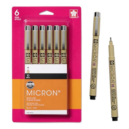 SAKURA Pigma Micron Fineliner Pens, 10 Tip Size, Archival Black Ink, 6 PK 50131 - style: 10 Point Size
