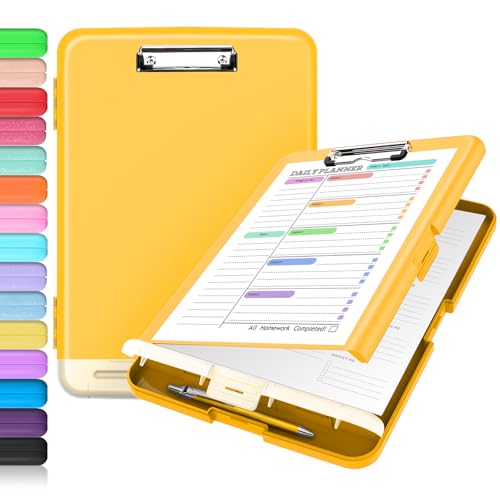 Sooez Clipboard with Storage, Clip Board 8.5 x 11 with Pen Holder, Plastic Organization Case Box for Letter Legal A4 Size Paper, Low Profile Clip, Nurses Teachers Must Haves, School & Office Supplies - color: Yellow