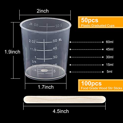 Coopay 50 Pack 60ml/2oz Plastic Graduated Cups Transparent Scale Clear Epoxy Mixing Cup with 100 Pack Wooden Stirring Sticks for Resin, Epoxy, Stain, Mixing Paint - size: 60ml