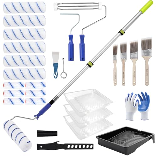 Paint Roller Kit with 2 to 4 FT Extension Pole for House Painting - Completed Home Painting Set with 9″ & 4″ Paint Roller Covers, Tray, Paint Brushes and Accessories
