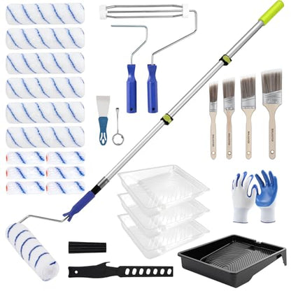 Paint Roller Kit with 2 to 4 FT Extension Pole for House Painting - Completed Home Painting Set with 9″ & 4″ Paint Roller Covers, Tray, Paint Brushes and Accessories