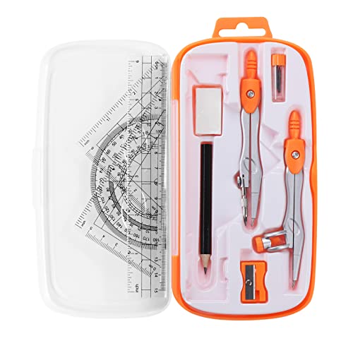 Unjoo Math Geometry Kit Sets 10 Piece Student Supplies with Shatterproof Storage Box,Includes Rulers,Protractor,Compass,Eraser,Pencil Sharpener,Lead Refills,Pencil,for Drafting and Drawings（Orange） - color: Orange