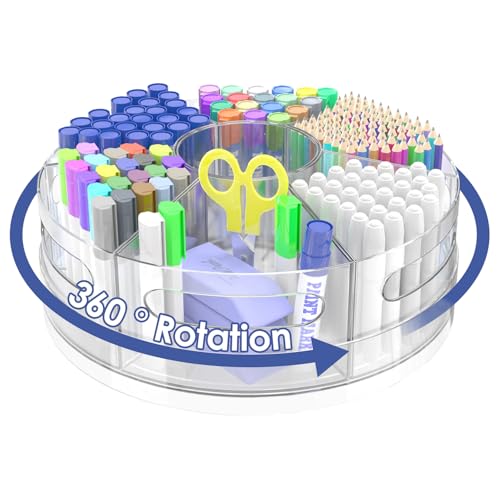Acrylic Marker Organizer, 360 Degree Rotating Pencil Organizer with 7 Removable Compartments, Clear Crayon Organizers for Kids, Large Pencil Holder Desk for Office Home School