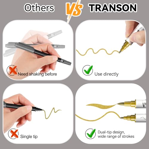 TRANSON 3 Gold, 3 Silver, 1 Black and 1 White Paint Markers Brush and Fine Dual-tip Acrylic Paint Marker Set for Rock Painting Glass Canvas Wood Leather Ceramic Painting - style: Brush and Fine 3 Gold 3 Silver 1 Black and 1 White