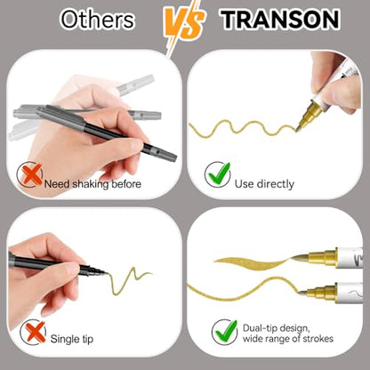 TRANSON 3 Gold, 3 Silver, 1 Black and 1 White Paint Markers Brush and Fine Dual-tip Acrylic Paint Marker Set for Rock Painting Glass Canvas Wood Leather Ceramic Painting - style: Brush and Fine 3 Gold 3 Silver 1 Black and 1 White