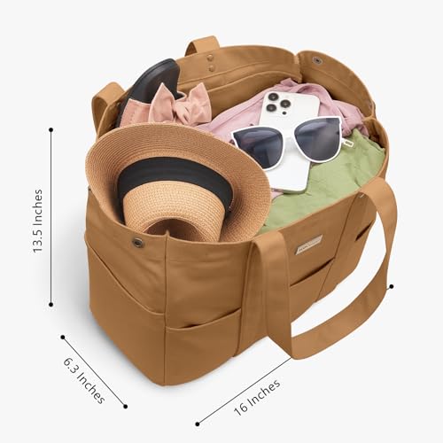 TOPDesign Large Canvas Tote Bag for Women, Shoulder Bag with Laptop Sleeve & Pockets, Everything Tote for Travel, Work (Khaki) - color: Khaki