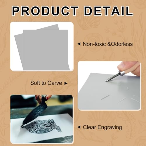 Yeaqee 8 Pcs 12 x 12 Inch Linoleum Block Rubber Carving Block Soft Linocut Blocks Large Linoleum Sheet Unmounted Lino Plates for Engraving Art Project Printmaking Artist Studio Supplies, Gray - color: Gray, size: 12 x 12 Inch