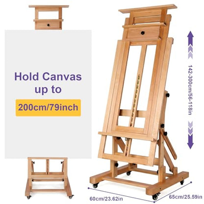 Wooden H-Frame Convertible Easel with 4 Lockable Wheels Adjustable Movable Tilting Easels Holds Canvas Art Up to 78.7In High for/Home/Studio/Outdoor