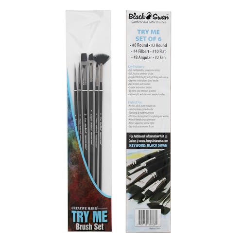 Black Swan Synthetic Red Sable Paint Brushes Try Me Set of 6 - Professional Quality Long Handle Paint Brushes in Assorted Shapes and Sizes for Oil, Heavy Body Media and Acrylic - Artists of All Levels