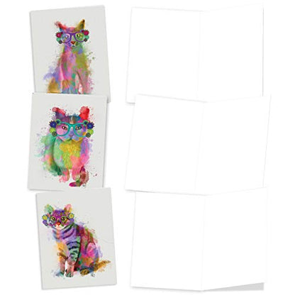 The Best Card Company 20 Assorted Blank Notecards Bulk Box Set 4 x 5.12 Inch with Envelopes (10 Designs, 2 Each) Funky Rainbow Cats AM6199OCB-B2x10 - style: Funky Rainbow Cats