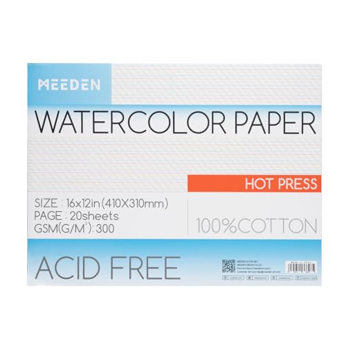 MEEDEN Watercolor Paper Block - 100% Cotton Watercolor Paper Pad of 20 Sheets, 140lb/300gsm, Acid-Free Art Paper for Watercolor, Gouache, Ink and More, 16" x 12" Hot Press - color: Hot Press, size: 16×12"