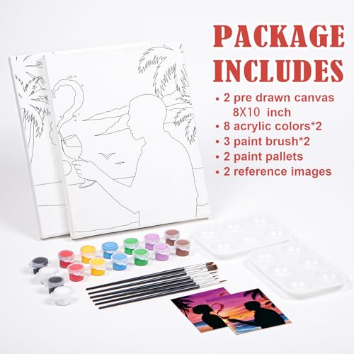 VOCHIC Sip and Paint Kit,Pre Drawn Canvas Couples Paint Party Kit Painting Art Set for Adults Date Night Sunset Beach 2 Pack (8 x 10 Inches, Wine Glass Couple) - size: 8x10, style: Wine Glass Couple