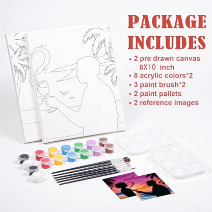 VOCHIC Sip and Paint Kit,Pre Drawn Canvas Couples Paint Party Kit Painting Art Set for Adults Date Night Sunset Beach 2 Pack (8 x 10 Inches, Wine Glass Couple) - size: 8x10, style: Wine Glass Couple