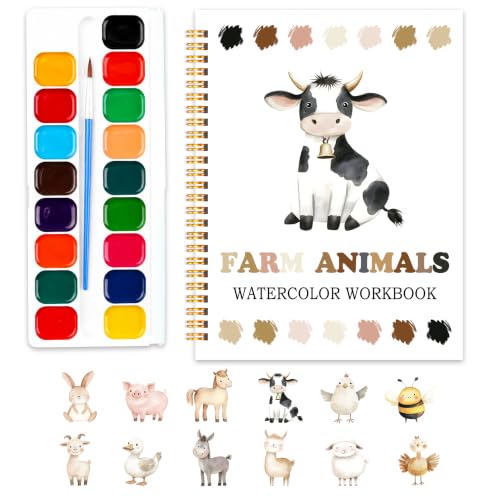 Farm Animals Watercolor Workbook, Water Coloring Book, 12 Patterns, 18 Colors Watercolor Paint Set, Countryside Memories Watercolor Kit for Beginners, Relaxing DIY Gift for Adults - color: farm animals