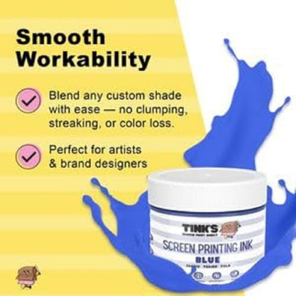 Tinks Screen Printing Ink - Blue - 8oz Water-Based Fabric Ink - Screen Printing, Stenciling, Tote Bags & Fabric Stamping - Non-Toxic, No Harsh Fumes, Soap & Water Cleanup - Made in California - color: Blue