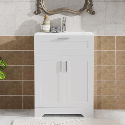 24 inch Bathroom Vanity with Ceramic Sink, Bathroom Sink and Cabinet Combo Set, Wood Vanity with Hidden Storage, Vanity Sinks for Bathrooms, Painted Surface (White, 24 inch) - color: White, size: 24 inch With Sink