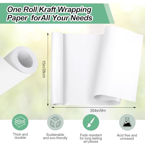 Phinus Craft Paper Roll 15''×354'', Industrial-Grade Kraft Paper Roll, White Easel Paper Roll for Kids for Moving, Gift Wrapping, Wall Art, Tab - size: 15"×354"